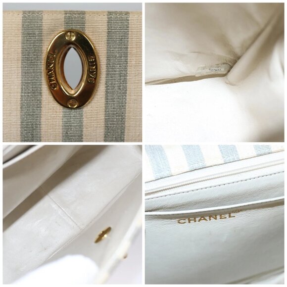 CHANEL Striped Matelasse Chain Shoulder Bag Canvas White Gray CC Auth - Picture 15 of 16